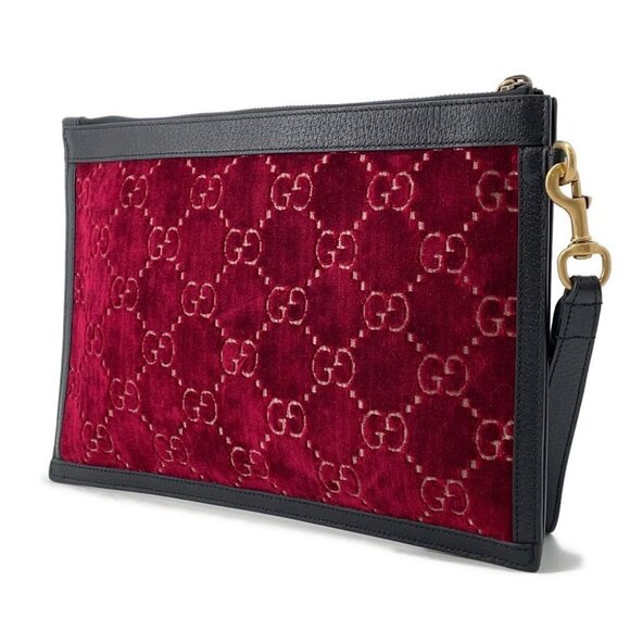 GUCCI GGVelvet Clutch Bag Velvet/Leather Red/Black - Picture 3 of 15